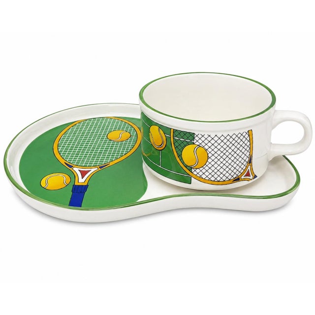 Contemporary Vintage Tennis Racket Coffee Cup Saucer Set Ceramic For Sale - Image 3 of 11