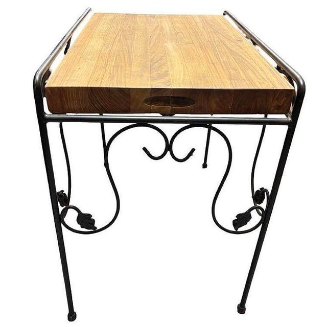 1950s Wrought Iron Scrolling Ivy Wire Patio Wire Side Table W/ Butcher Block Top For Sale - Image 4 of 6