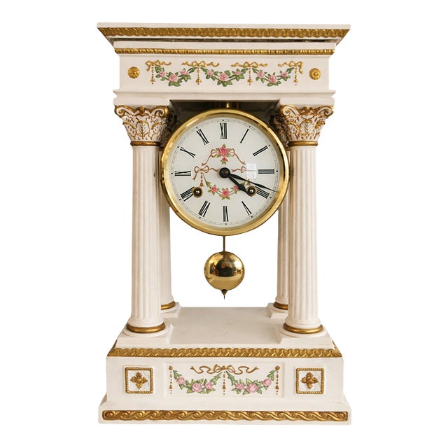 1980s Franklin Mint “The Empress Josephine” Neoclassical Mantel Clock – White & Gilt For Sale