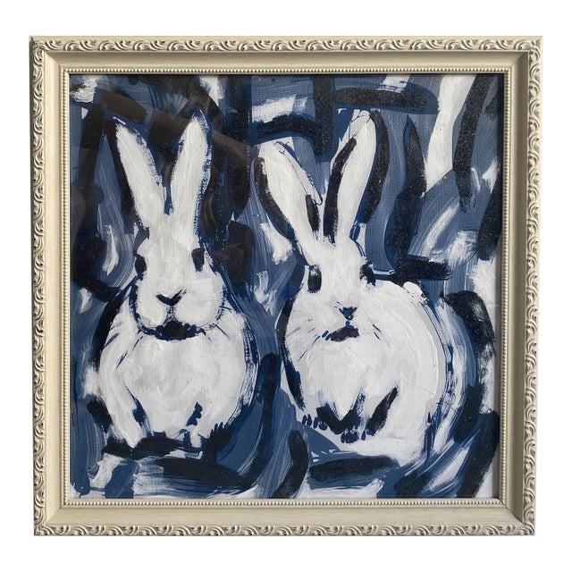 Bunny Hop Original Painting by Tatiana Duperault Abstract Framed Bunny Art Chinoiserie Style For Sale