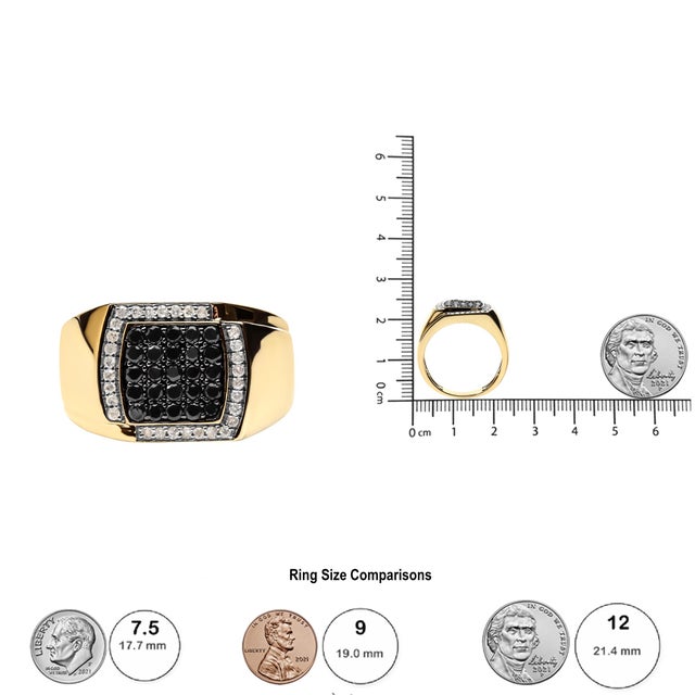 Men's 10K Yellow Gold 1.00 Cttw Cushion Cluster Black and White Diamond Statement Ring (I-J Color, I2-I3 Clarity) - Ring - Size 10 For Sale In New York - Image 6 of 6