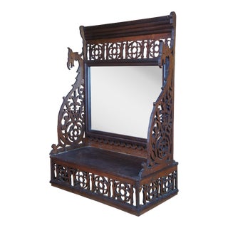 Antique Walnut Pierced Dragon Desktop Vanity Altar Shelf Shaving Mirror Stand For Sale