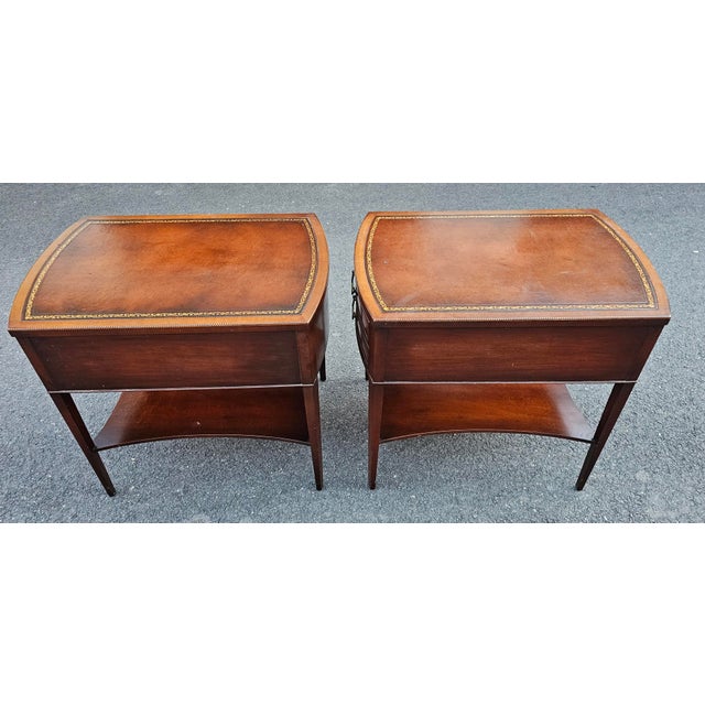 1940s Pair Regency Style Genuine Mahogany and Stenciled Tooled Leather Top Side Tables For Sale - Image 12 of 17