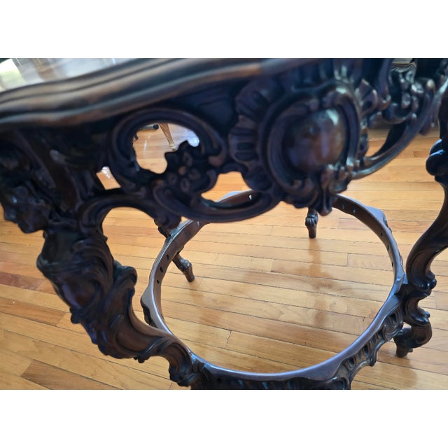 Vintage Carved Round Wood French Accent Table Figural With Floral Inlay Marquerty & Ornate Carved Base Neo Classical For Sale In Cleveland - Image 6 of 9