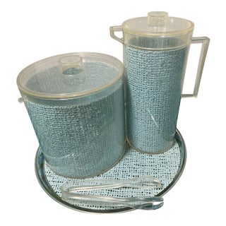 Mid-Century Turquoise Blue Ice Bucket Pitcher Bar Set- 4 Pieces For Sale