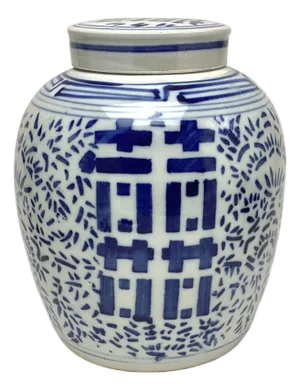 Vintage Double Happiness Blue and White Ginger Jar 9 3/4” Tall