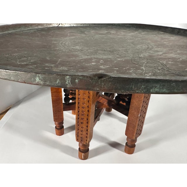 Wood Moroccan Copper Tray Table: Hand-Etched Floral Design, Folding Wood Base For Sale - Image 7 of 10