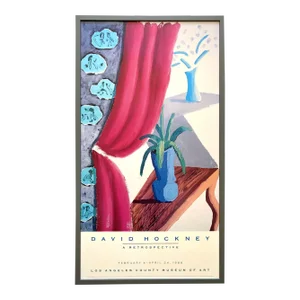David Hockney Vintage 1988 Pop Art Lithograph Print Framed Large Exhibition Poster " Still Life With Magenta Curtain " 1987
