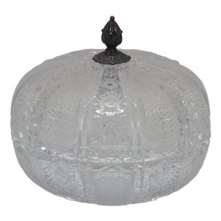 Antique Czech Bohemian Cut Crystal Lidded Box Bowl Compote Candy Dish 8" For Sale
