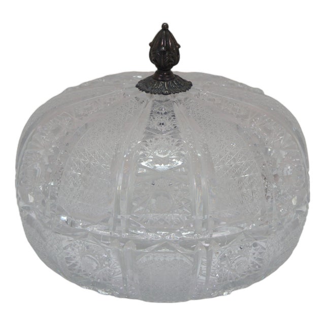 Antique Czech Bohemian Cut Crystal Lidded Box Bowl Compote Candy Dish 8" For Sale