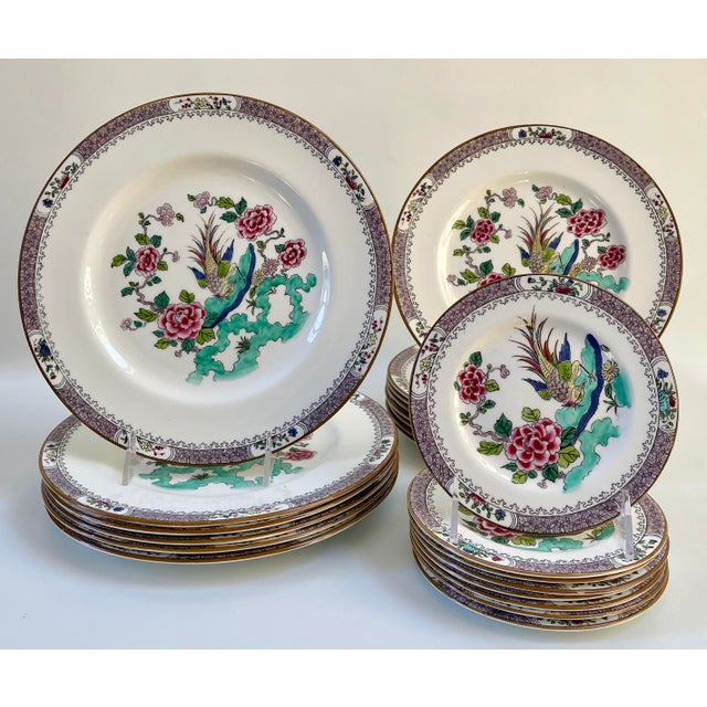 Stunning set of English Crown Staffordshire dinner plates in the desirable "Rock Bird" pattern. Maker's mark on underside....