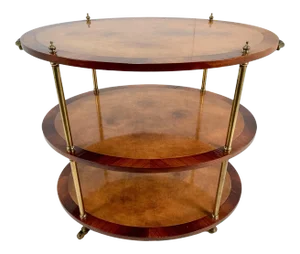 Vintage Burl Wood and Brass Oval Three-Tier Rolling Bar Cart or Serving Table
