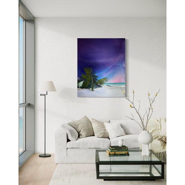 Purple "Tulum" by Javiera Da Fonseca Ilić, Tulum Mexico Tropical Coast, Dreamy Palm Tree Purple Sky, Caribbean Bohemian Landscape, Original Oil Painting For Sale - Image 8 of 9
