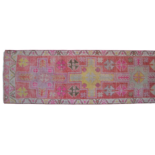 Vibrant Turkish Runner 2x12 Long Narrow Rug Vintage Pink Hallway Oriental Carpet For Sale - Image 11 of 15