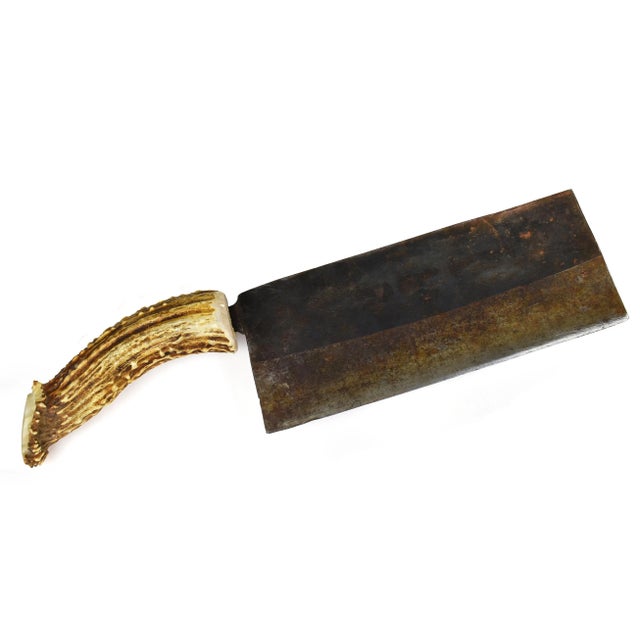 Antique primitive kitchen/butcher Chinese cleaver with natural deer antler handle. It is an excellent addition to your...