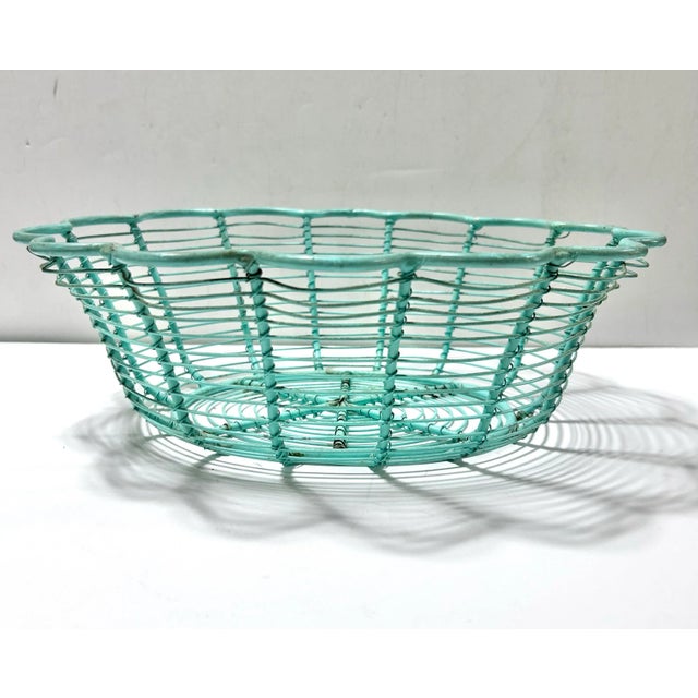 Vintage Turquoise Wire Egg Gathering Basket - Farmhouse Metal Flower Form Bowl For Sale In Louisville - Image 6 of 8