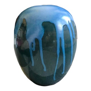 Signed Modernist Stoneware Blue Green Drip Vase / Ceramic Art Studio Pottery For Sale