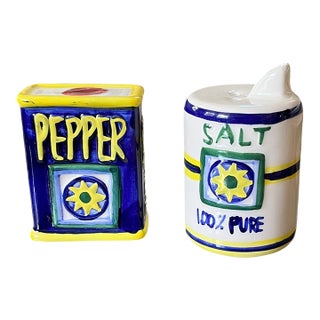 Vintage Pop Art Ceramic Salt and Pepper Shakers, Colorful Grocery Package Pair For Sale