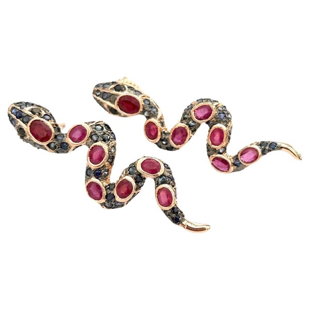 Bochic “Orient” Ruby & Multi Sapphire Serpent Earrings Set In 18K Gold & Silver - a pair For Sale