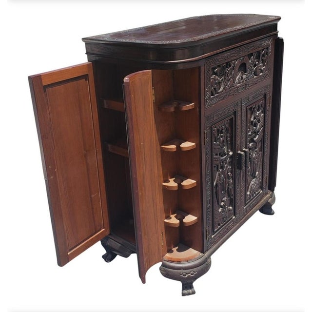Zee Mid Century Asian Heavily Hand Carved Teak Flip Top Dry Bar