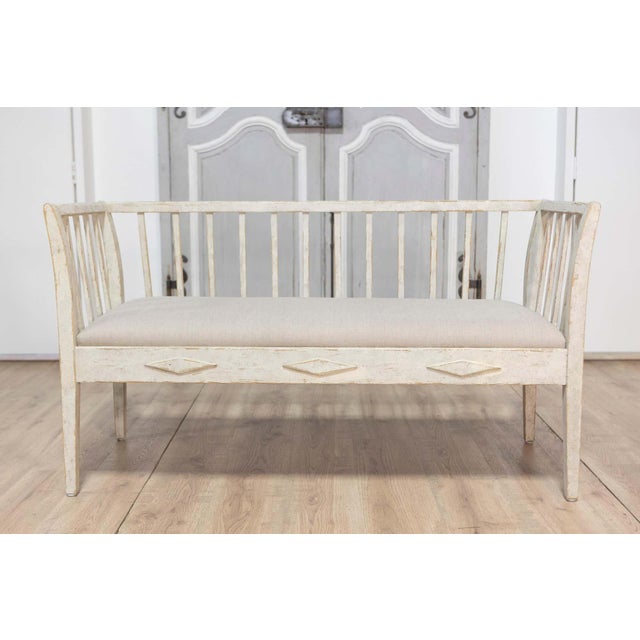 Swedish Gustavian Style Gray Painted Sofa Bench with Raised Diamond Motifs For Sale - Image 4 of 11