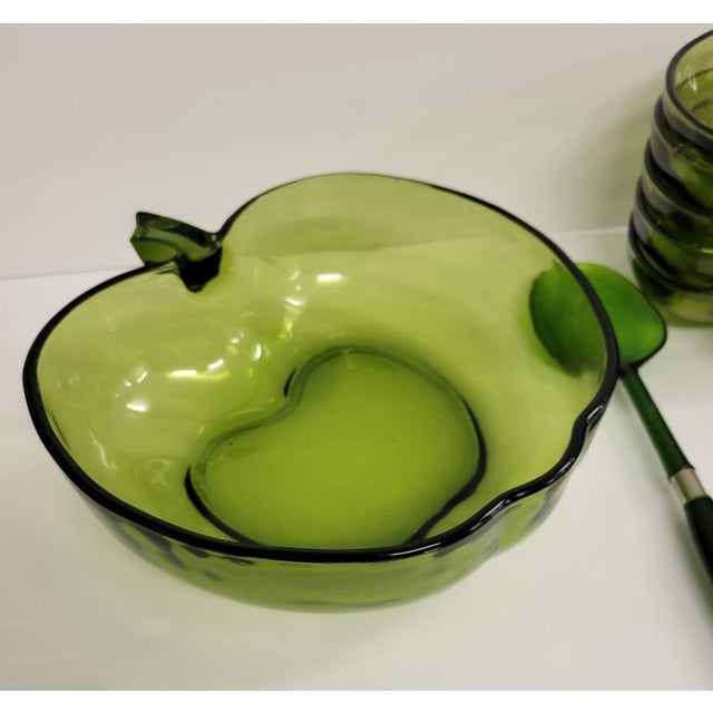 Vintage Green Glass Apple Shaped Fruit or Salad Bowl Set 14 Pieces