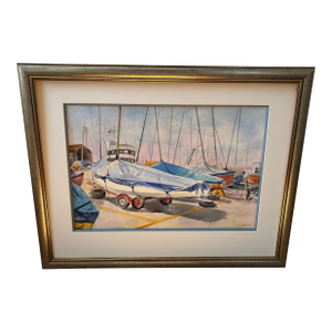 1990s Signed Watercolor of an English Boatyard, Framed