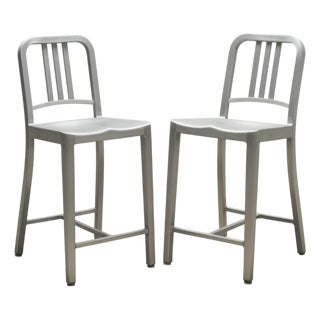 Pair of Emeco 'Navy' Bar Counter Stools in Brushed Aluminum For Sale