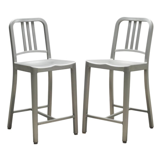 Pair of Emeco 'Navy' Bar Counter Stools in Brushed Aluminum For Sale