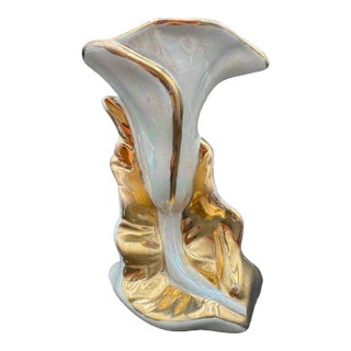 Vintage Vase Pearlescent With Gold Calla Lily Hollywood Regency 22k Gold 7" For Sale