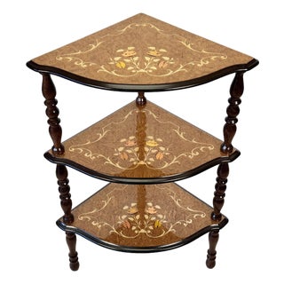 Vintage Italian Rococo Marquetry Fruitwood 3-Tier Corner Shelf For Sale