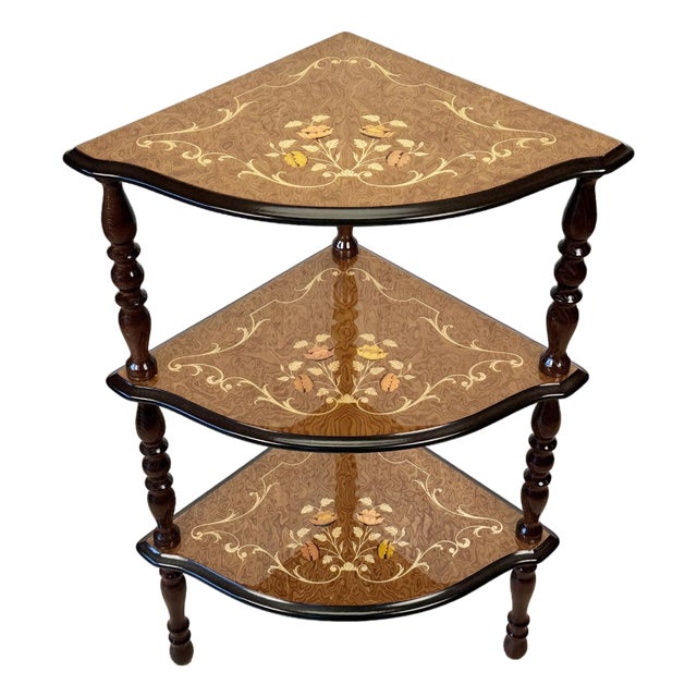 Vintage Italian Rococo Marquetry Fruitwood 3-Tier Corner Shelf For Sale