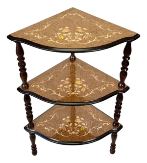 Vintage Italian Rococo Marquetry Fruitwood 3-Tier Corner Shelf