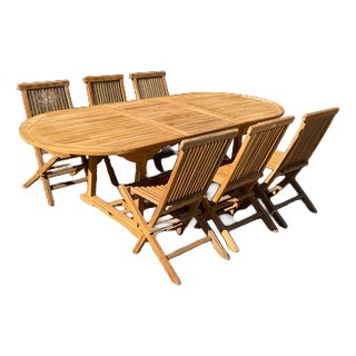 Teak Extendable Garden Table in Oval and Folding Chairs, Set of 7 For Sale