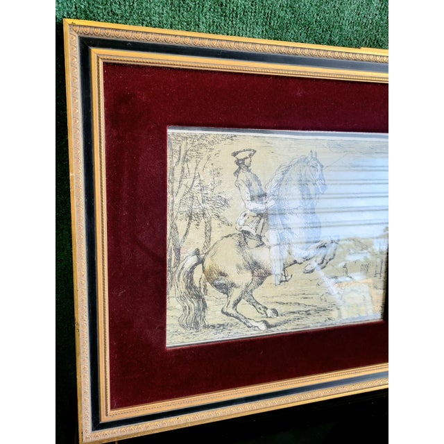 English Vintage Framed Gold Black Red Velvet Matte Opposing Pencil Sketched Horseman Art Prints- a Pair For Sale - Image 3 of 8