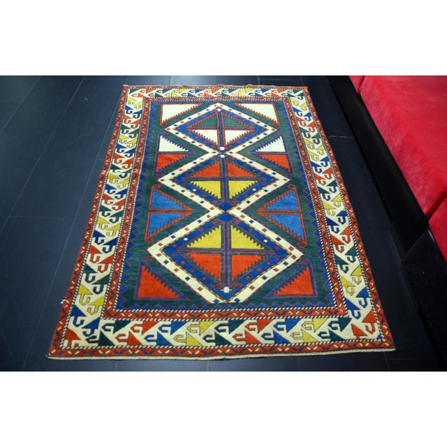 Blue Vintage Tribal Turkish Hand Knotted Multicolor Rug For Sale - Image 8 of 10
