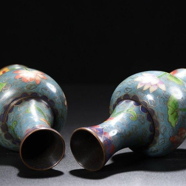 Metal Pair of Vintage Chinese Cloisonné "Lotus" Appreciation Vases - 1100g For Sale - Image 7 of 9