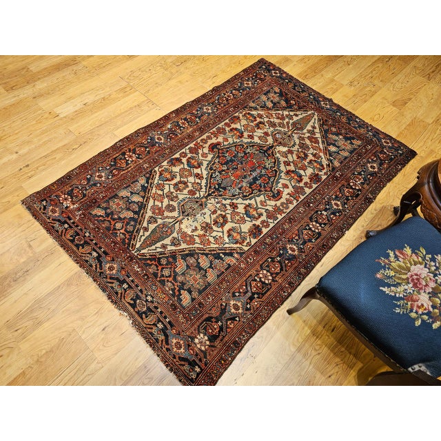 Antique Persian Malayer Rug, Hand-Knotted Wool, Geometric Pattern, 4x6, Ivory & Navy For Sale In Chicago - Image 6 of 18