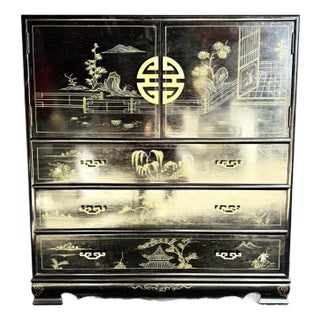 Mid 20th Century Chinese Black and Gold Hand Painted Highboy With Red Velvet For Sale