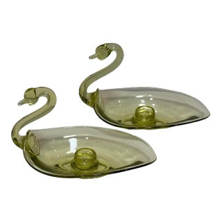 Vintage Duncan & Miller Swan Candle Holder Pair Chartreuse 8" L Art Glass 1940s For Sale