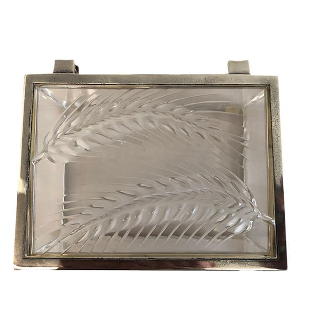 Vintage Lalique crystal desk box with wheat decoration and silver trim. Signed. Circa 1980, France.