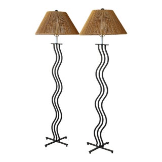 1980s Memphis Squiggle Iron Floor Lamps With Rope Shades, Set of 2 For Sale