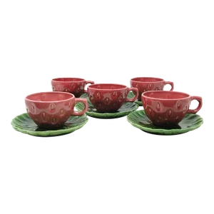 Vintage Cemar California Pottery Strawberry Cups & Saucers - 10 Pieces