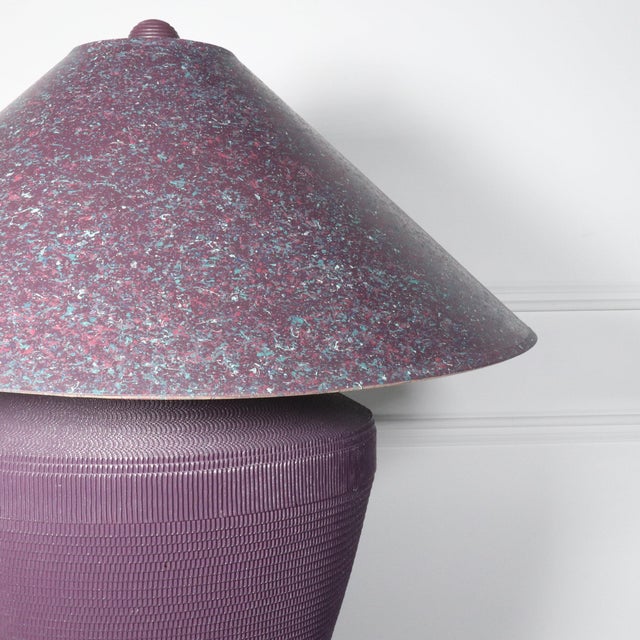Large 1980’s postmodern lamp in corrugated cardboard in a deep plum with a splatter painted shade. Attributed to Gregory...