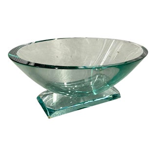 Vintage 1995 Stephen Schlanser Green Glass Oval Bowl on Glass Base, Signed by the Artist For Sale