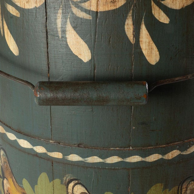 Tole painted bucket. Terrific detail painted onto this piece. Due to the lack of fading, the bucket is likely much older...
