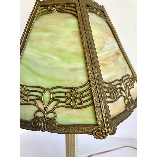 Metal Antique Edward Miller E. M. Co. Green & Custard Slag Glass Table Lamp For Sale - Image 7 of 12