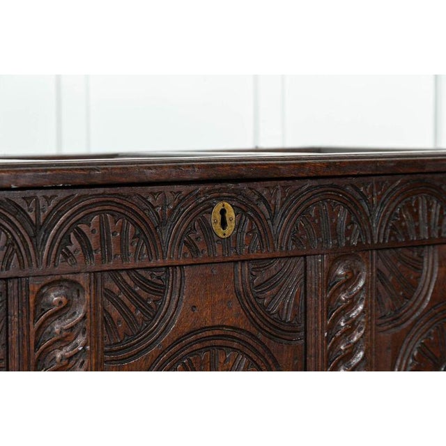 Brown Early 18th Century English Oak Carved Coffer, 1720s For Sale - Image 8 of 17