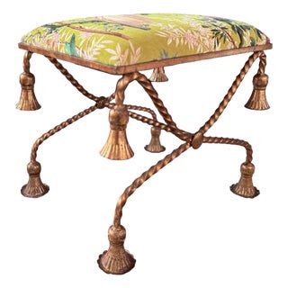 1950s Hollywood Regency Italian Gold Gilded Twisted Rope and Tassel Bench or Ottoman For Sale