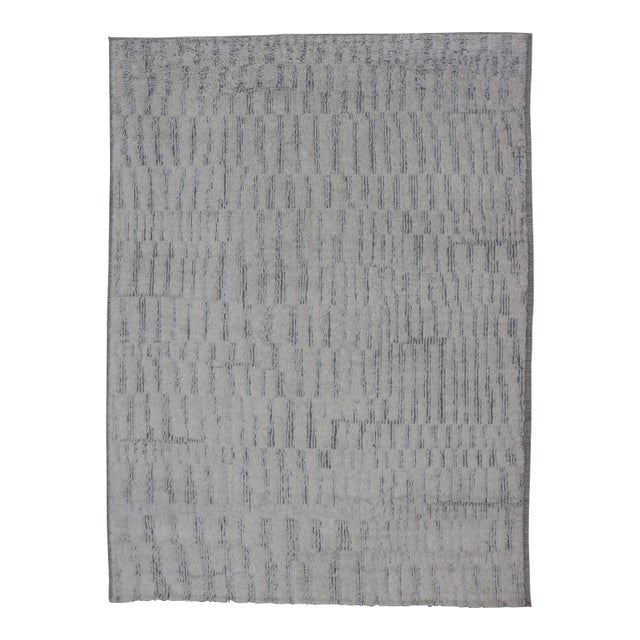 Modern Hand Knotted Large Rug Featuring Light Gray and Cream Panel Design in Soft Wool For Sale